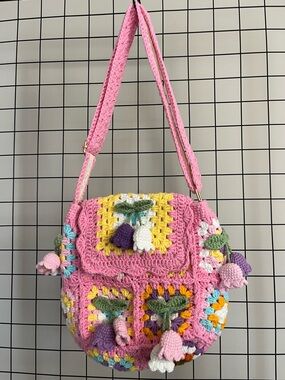 Handmade Pink Crochet Floral Shoulder Bag- adjustable strap